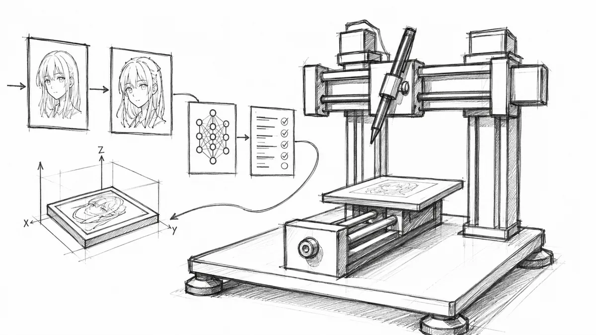 AI agent-assisted 3-axis drawing machine workflow concept image
